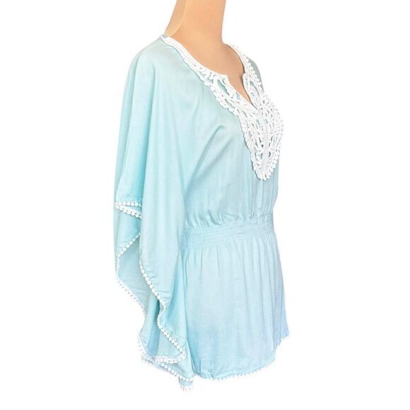 NWOT Chaudry KC Beach Cover-Up Sz. L Blue Butterfly Sleeve Embroidered Boho - Picture 3 of 13
